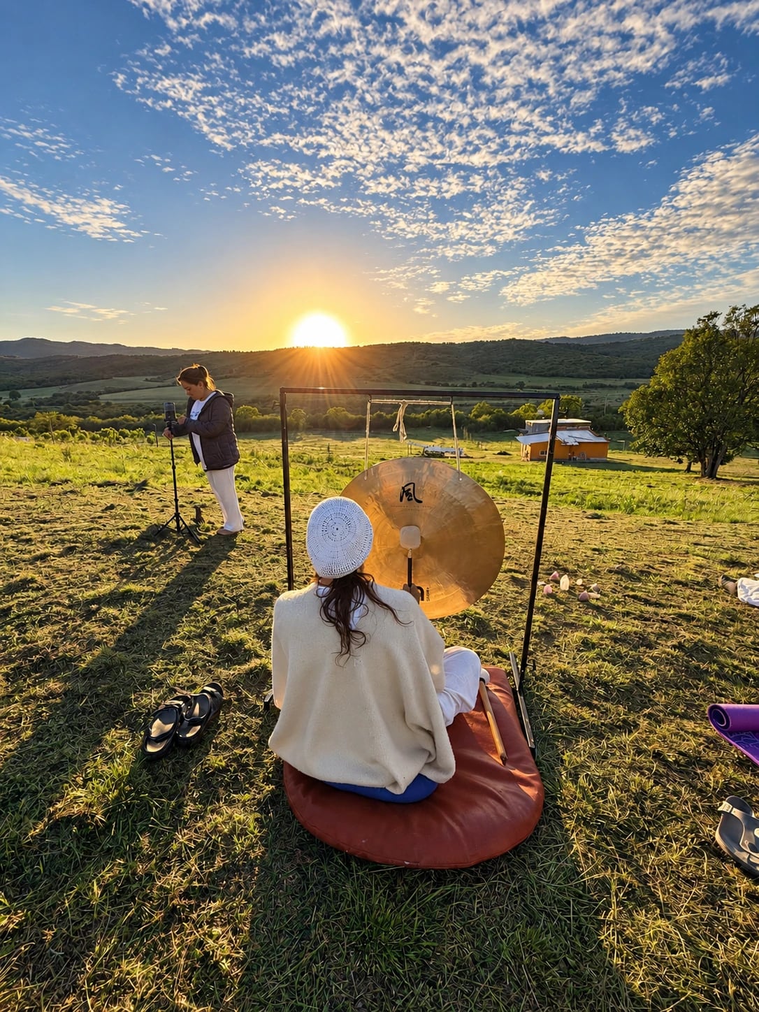 Versión restaurada con IA de personas con un gong en un prado iluminado por el sol bajo.