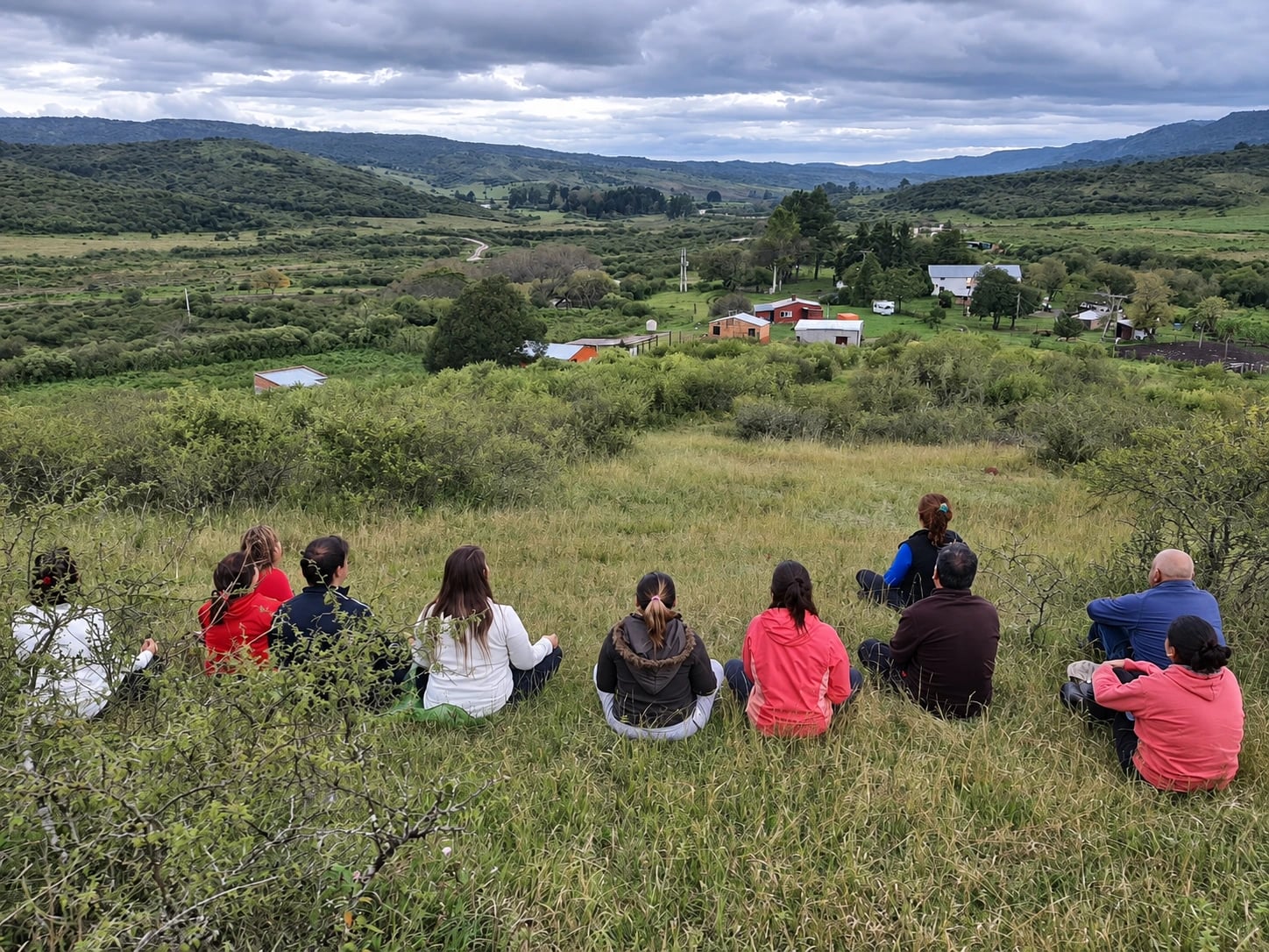 Versión restaurada con IA de personas sentadas frente a un paisaje de colinas y construcciones rurales.