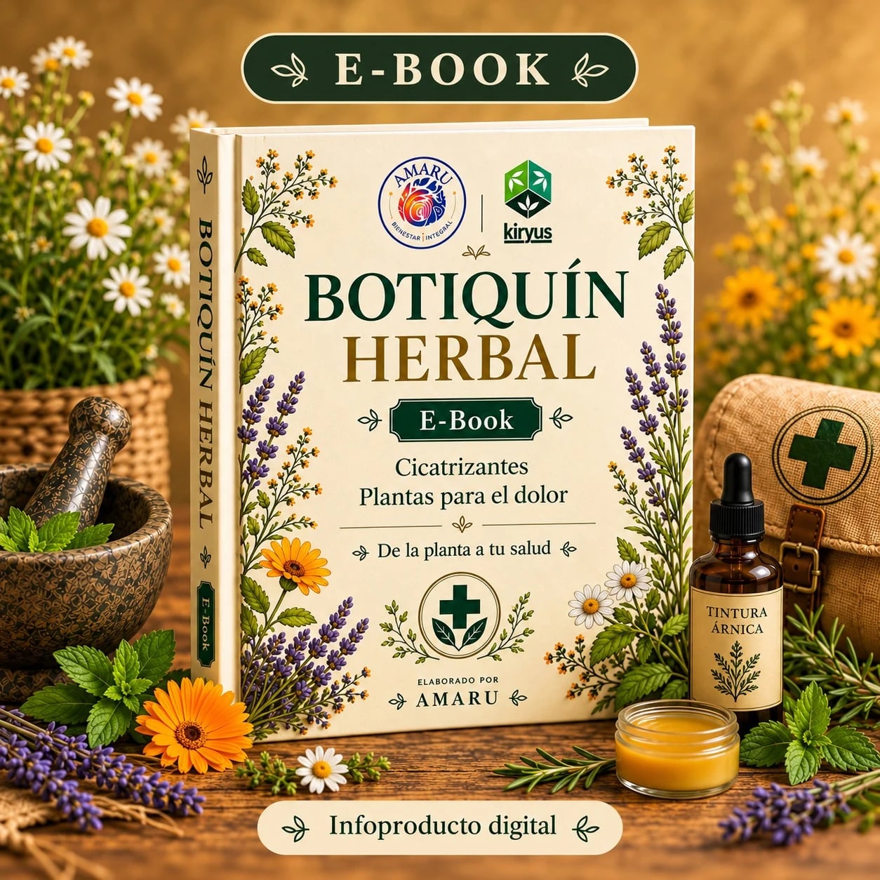 Portada del e-book Botiquín Herbal de Amaru y Kiryus, rodeada de plantas y preparaciones herbales